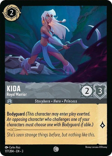 A trading card titled "Kida - Royal Warrior (177/204)" from the Disney "Into the Inklands" series showcases Kida in a dynamic pose, wielding dual weapons with a determined expression. The card emphasizes her strength, defense values, and details about her special bodyguard ability.