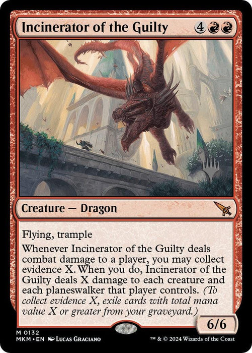 The image showcases a Magic: The Gathering card titled "Incinerator of the Guilty (Promo Pack) [Murders at Karlov Manor Promos]," a Mythic Creature Dragon. It features a red dragon with fiery effects, flying and trampling in an urban setting. This Incinerator of the Guilty (Promo Pack) [Murders at Karlov Manor Promos] card costs 4 colorless and 2 red mana, has 6/6 power and toughness, and has a special ability involving evidence.