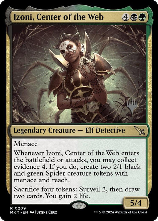 A Magic: The Gathering card featuring **Izoni, Center of the Web (Promo Pack) [Murders at Karlov Manor Promos],** a Legendary Creature - Elf Detective embroiled in the Murders at Karlov Manor. The card costs 4 generic, 1 black, and 1 green mana, is a 5/4 with Menace, and has abilities involving Spider creature tokens and card draw. Artwork depicts an elf with spider elements.