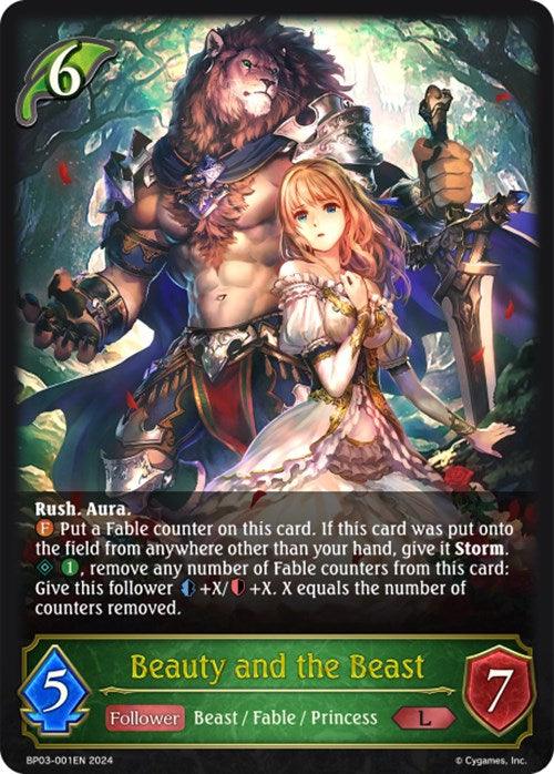 A legendary Forestcraft trading card titled "Beauty and the Beast (BP03-001EN) [Flame of Laevateinn]" by Bushiroad with a cost of 6. It depicts a lion-like beast in armor holding a mace, and a woman in a flowing dress with light armor. The card has attributes: Rush, Aura, and a special ability related to Fable counters, with 5 attack and 7 defense points.