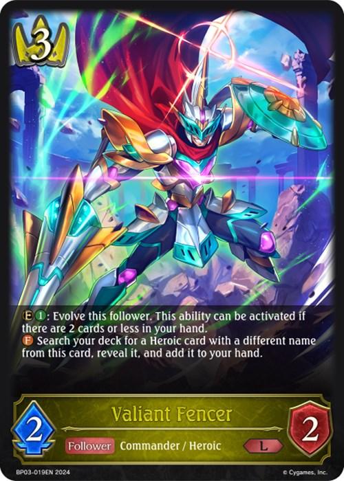 A "Shadowverse" trading card titled **Valiant Fencer (BP03-019EN) [Flame of Laevateinn]** from the Swordcraft class depicts a futuristic armored warrior holding two energy blades, standing in a dynamic battle stance with neon trails. The card has attributes including a cost of 3, an attack power of 2, and health of 2. Special abilities are described on the card. This product is part of the **Bushiroad** collection.