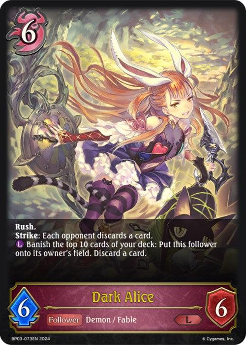 A legendary fantasy trading card featuring "Dark Alice" (BP03-073EN) [Flame of Laevateinn] from Bushiroad, a character with long, flowing hair, rabbit ears, and dressed in gothic attire wielding the Flame of Laevateinn. The card has a purple border, costs 6, and boasts an attack value of 6 and defense value of 6. Special abilities are included.