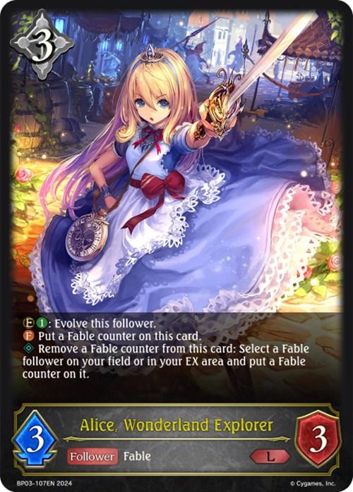 A legendary fantasy-themed trading card titled "Alice, Wonderland Explorer (BP03-107EN) [Flame of Laevateinn]." The card depicts a blonde girl in a blue and white dress, brandishing the Flame of Laevateinn sword. She stands in front of a whimsical background with lantern lights and structures. The card details its abilities and has stats of 3/3. This unique collectible is part of the Bushiroad brand's exquisite line-up.