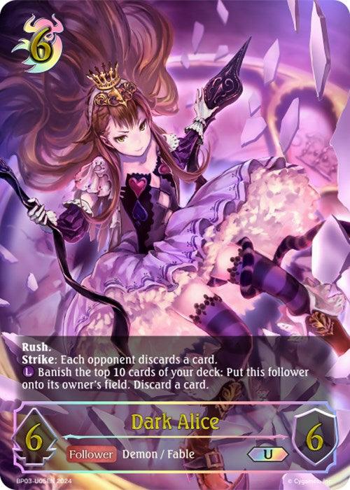 A fantasy-themed card features "Dark Alice (BP03-U05EN) [Flame of Laevateinn]," a young girl with long brown hair, adorned in an elaborate purple and pink dress. She grips a broken mirror shard. With 6/6 power, her abilities include "Rush," discarding opponent's cards and an ultimate effect involving banishing with the Flame of Laevateinn. The card is from Bushiroad.