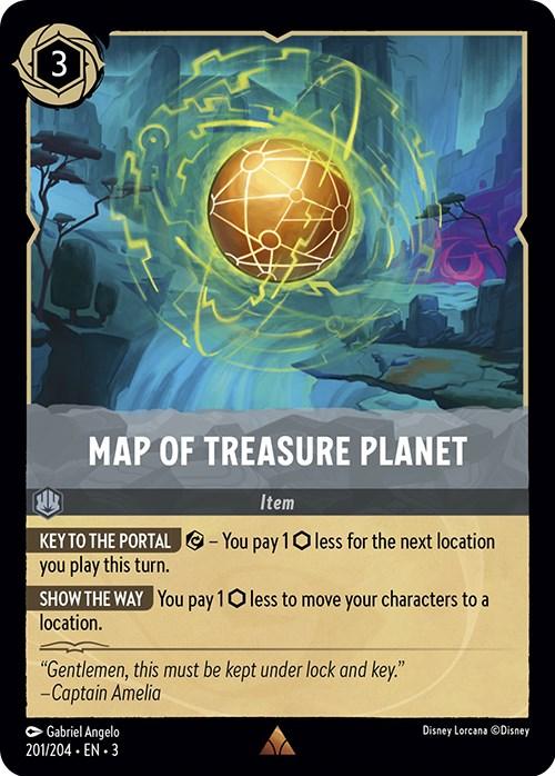 A rare card from the Disney Lorcana trading card game features the "Map of Treasure Planet (201/204) [Into the Inklands]" item. It shows a glowing, golden, spherical map with holographic projections in a sci-fi setting. The card has effects related to reducing location play costs. Below, there's a quote from Captain Amelia: "Key to the Portal.