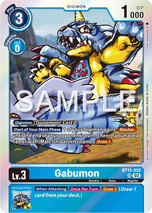 A Digimon Gabumon [BT15-020] [Exceed Apocalypse] card featuring "Gabumon." Gabumon is depicted as a small, blue, reptile-like creature with a wolf pelt and a horn on its head, standing aggressively with an electrified claw. The card details include a play cost of 3, 1000 DP, and various abilities and effects. The word "SAMPLE" is overlaid.
