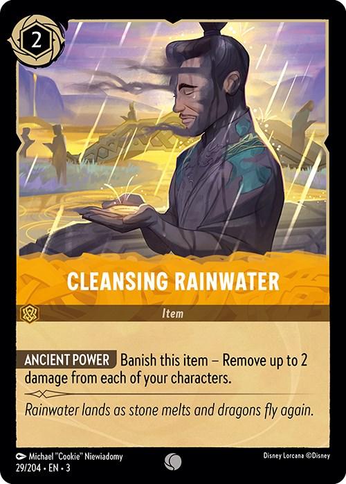 A Disney Lorcana card titled "Cleansing Rainwater" (29/204) [Into the Inklands] features magical artwork of a bearded man with closed eyes holding a glowing, enchanted item as rain falls. The card details state: "Ancient Power - Banish this item - Remove up to 2 damage from each of your characters and journey Into the Inklands.