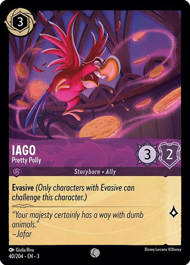 The Disney Lorcana card "Iago - Pretty Polly (40/204)" from 'Into the Inklands' features Iago, with a cost of 3, attack of 3, defense of 2, and Evasive ability. It's adorned with flying coins and purple swirls, and includes a quote from Jafar lauding Iago's animal skills as a "Pretty Polly.