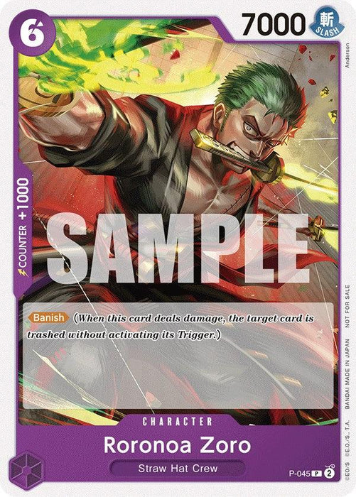A trading card featuring the iconic character Roronoa Zoro with green hair, holding three swords in a dynamic pose. This Roronoa Zoro (OP-06 Pre-Release Tournament) [Participant] [One Piece Promotion Cards] by Bandai has a dominant purple color with abstract patterns in the background. Key details include the number 6, counter value +1000, and 7000 power, along with "Banish" and "Straw Hat Crew" text, stamped with