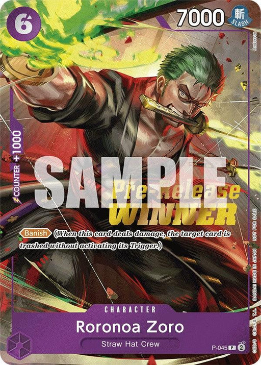 This Bandai Roronoa Zoro (OP-06 Pre-Release Tournament) [Winner] [One Piece Promotion Cards] features the character Roronoa Zoro from the Straw Hat Crew in an action pose with green hair, wielding a sword. It has a purple border and the text "Counter +1000" and "Pre-release WINNER" with an explanation of the "Banish" effect. The Promo card is labeled "P-045" and boasts a power value of