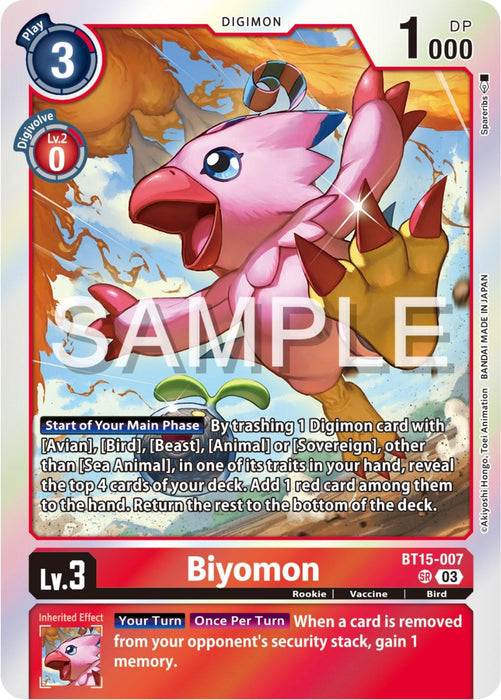 A Super Rare Digimon trading card featuring Biyomon [BT15-007] [Exceed Apocalypse], a pink bird-like Rookie creature with a yellow beak, blue eyes, and three feather-like crests on its head. The card displays various stats, including a level of 3 and a DP of 1000. Text descriptions and special abilities are also listed on the card.