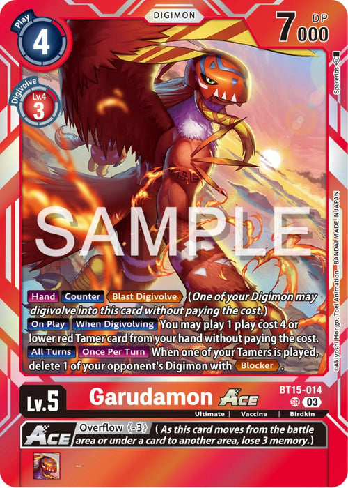 Digital card featuring Garudamon Ace [BT15-014] [Exceed Apocalypse] from the game Digimon. Garudamon is a fierce bird-like creature with a fiery background. This Super Rare card has various stats and abilities, including DP 7000 and Level 5. The card includes text detailing its special abilities such as "Overflow" and "Blast Digivolve".