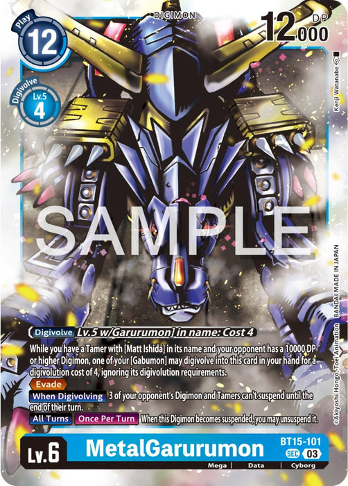A MetalGarurumon [BT15-101] [Exceed Apocalypse] featuring MetalGarurumon, a mechanical wolf Digimon with blue and silver armor, rocket launchers, and sharp claws. The card has a play cost of 12, 12,000 DP, and several abilities. The background is dark with metallic and digital effects. The card is labeled BT15-101.
