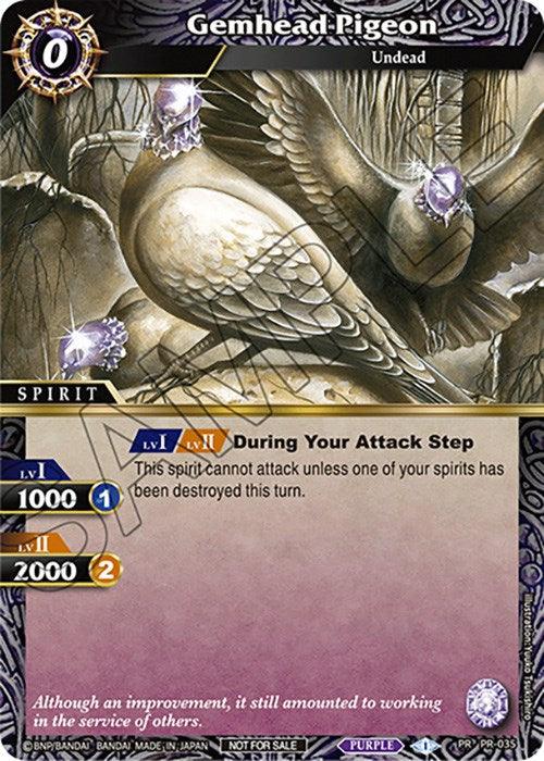 A trading card featuring "Gemhead Pigeon," an undead spirit with a 0 cost. The card art depicts a bird with intricate gem-like features. This event promo card, **Gemhead Pigeon (Tournament Pack Vol. 4) (PR-035) [Launch & Event Promos]** by **Bandai**, has levels with "LV1 1000" and "LV2 2000" power. The gameplay text covers attack restrictions, and the design includes ornate borders and text areas.