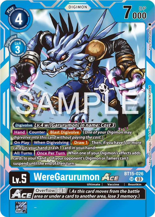 This image depicts a Digimon trading card titled "WereGarurumon Ace [BT15-026] [Exceed Apocalypse]." The card showcases an armored, wolf-like creature with sharp claws and a blue outfit. It features a play cost of 4, DP of 7000, and abilities like Blast Digivolve. Text and icons detail these abilities, with "BT15-026" as the card number.