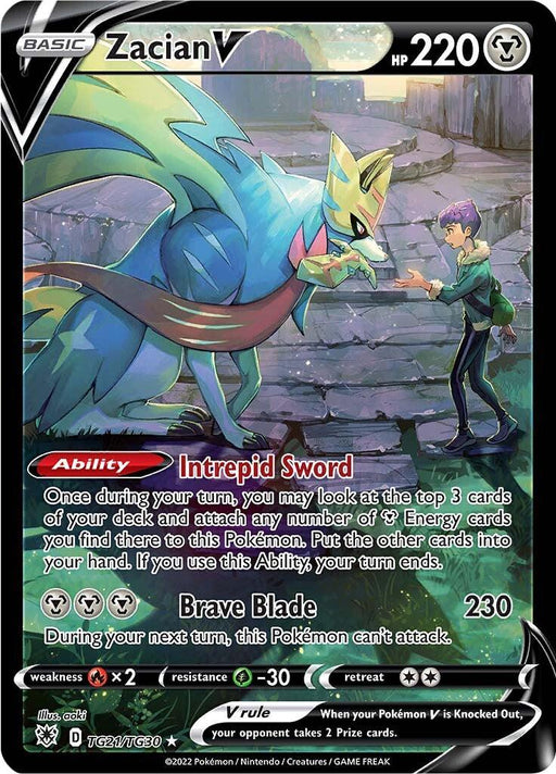 A Pokémon card featuring Zacian V (TG21/TG30) [Sword & Shield: Astral Radiance] with HP 220 from the Sword & Shield: Astral Radiance set. This Metal Type, wolf-like creature with a sword in its mouth is poised for battle. Details include 'Intrepid Sword' and 'Brave Blade' (230 damage). The Secret Rare card layout has stats and abilities in colorful text.