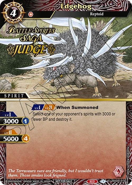 A detailed close-up of a Bandai "Edgehog (Judge Pack Vol. 4) (BSS04-016) [Launch & Event Promos]" trading card displaying the character named "Edgehog." This Spirit card features a spiky, gray, hedgehog-like creature with yellow eyes. It includes specific game attributes like energy (4), power levels (3000 and 5000), and abilities in summoning and destruction.