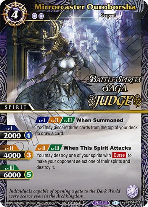 The image is of a Bandai Battle Spirits Saga Judge trading card named "Mirrorcaster Ouroborsha (Judge Pack Vol. 4) (BSS04-022) [Launch & Event Promos]," a Level 4 Spirit Type card with a cost of 4 and core symbols in purple. Part of the Launch & Event Promos, it features stats of 2000/4000/6000 power and two effects: discarding three cards to draw one, and destroying an opponent's 'C