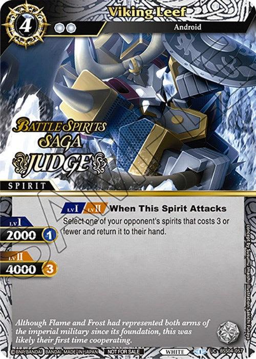 An image of a "Bandai Viking Leef (Judge Pack Vol. 4) (BSS04-057) [Launch & Event Promos]" Spirit Card, named "VikingLeef." The card depicts a mechanical, Viking-like Android spirit. It has a cost of 4 and levels LV1 (2000BP) and LV2 (4000BP). Skill: Returns opponent's spirits costing 3 or fewer to their hand. Colors: White. Launch & Event Promos item