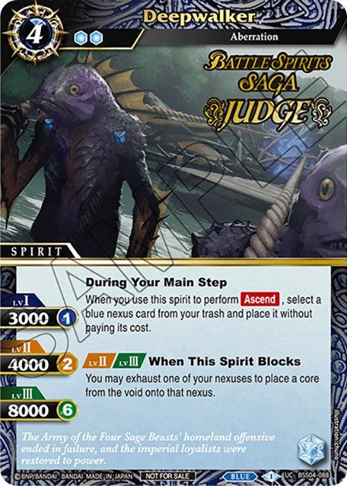 A "Deepwalker (Judge Pack Vol. 4) (BSS04-088) [Launch & Event Promos]" trading card for the character "Deepwalker" by Bandai. The blue spirit card showcases a monstrous aberration with dark, tentacled limbs. Text outlines various stats and skills like the Ascend Ability at different spirit levels. The card details include cost (4), power (LV1:3000 to LV3:8000), and skill effects ("During Your Main Step