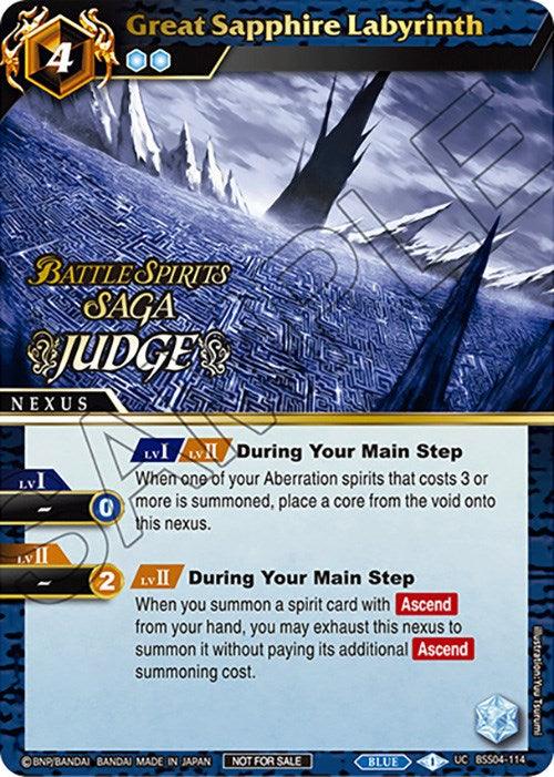 The image shows a card named "Great Sapphire Labyrinth (Judge Pack Vol. 4) (BSS04-114) [Launch & Event Promos]" from the game "Battle Spirits Saga" by Bandai. It has a cost of 4 and belongs to the "Nexus" category. The Abyss Nexus card features two level effects, activated during the main step, allowing for summoning and resource generation. The card boasts blue coloring and intricate designs.