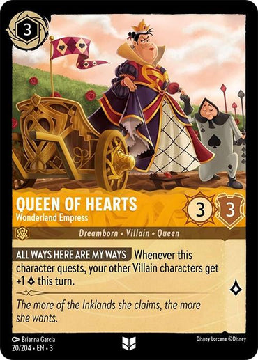 A "Queen of Hearts - Wonderland Empress (20/204) [Into the Inklands]" card from Disney, displaying a Wonderland Empress with 3 cost, 3 strength, and 3 willpower. The Queen stands beside a card soldier, holding a staff, with a golden chariot in the background. Special ability: boosts other Villain characters' quests by +1.