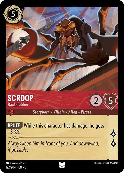 Presenting the Scroop - Backstabber (122/204) [Into the Inklands] card from Disney's Lorcana game. This uncommon alien pirate, often referred to as a brute, is illustrated with sharp claws and an aggressive stance. 