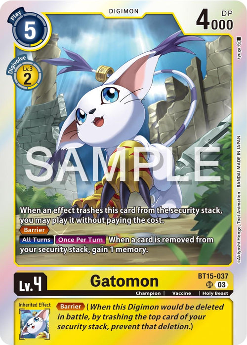 A Digimon card, Gatomon [BT15-037] [Exceed Apocalypse], depicts Gatomon, a white-furred, cat-like creature with large blue eyes, purple markings, and long ears. Gatomon stands proudly in a vibrant setting with ruins and sunlight behind. The card has a yellow border and contains text describing its abilities and attributes.