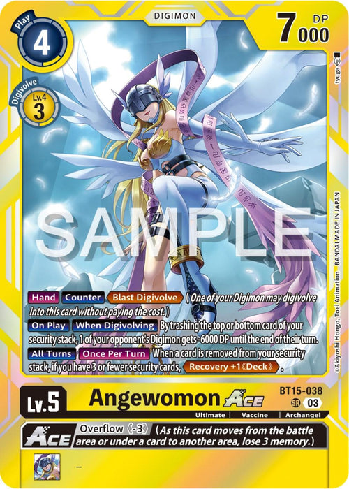A Digimon Super Rare card showcasing Angewomon Ace [BT15-038] [Exceed Apocalypse], a Level 5 yellow Archangel Digimon with a DP of 7000. The character, with wings and poised arms, features abilities like "Hand Counter," "Blast Digivolve," and "Overflow -3." The card is adorned with luminous accents and a detailed design.