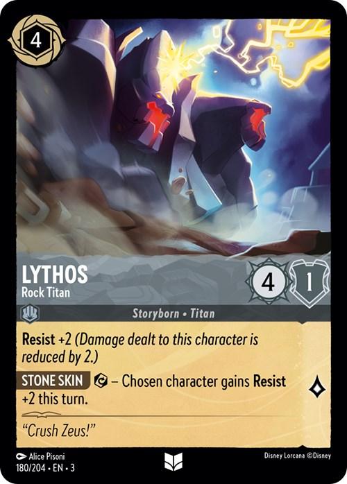 The Lythos - Rock Titan card (180/204) from Disney's Into the Inklands features a giant stone creature amid swirling winds. With Stone Skin for defense, abilities like Resist +2, and 