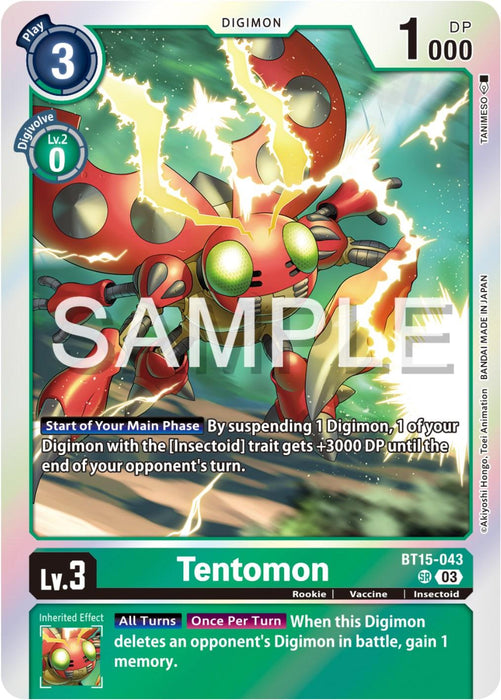 A Digimon Tentomon [BT15-043] [Exceed Apocalypse] card featuring Tentomon with an insectoid appearance, green eyes, red armor, and small lightning bolts around it. The card includes text detailing its abilities and stats. The word "SAMPLE" is watermarked across the image.