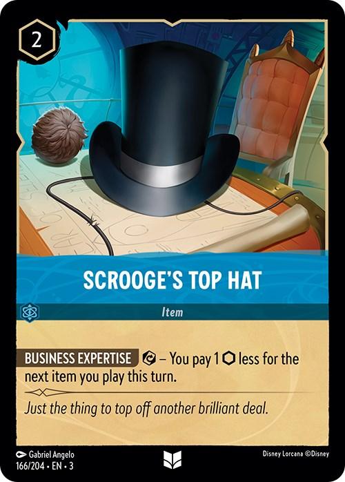 A card from the Disney Lorcana trading card game titled "Scrooge's Top Hat (166/204) [Into the Inklands]." This uncommon card features an illustration of a black top hat with a gold band on a desk littered with scrolls and coins. The cost is 2, and it offers a business expertise ability. The text reads, "Just the thing to top off another brilliant deal." At the bottom, it