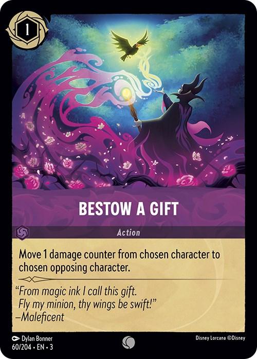 The Disney card "Bestow a Gift" (60/204 Into the Inklands) depicts a dark-robed figure with a staff, conjuring swirling purple and pink magic ink towards a bird in an enchanted forest. It includes game effects and a quote attributed to Maleficent.