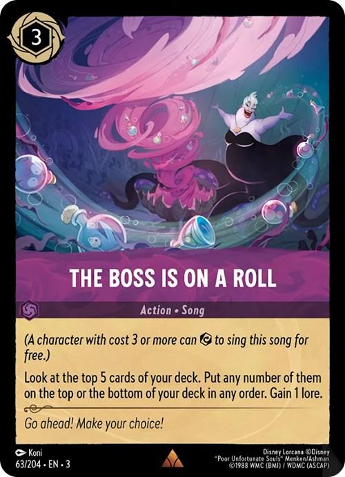 A Disney Lorcana card titled "The Boss is on a Roll (63/204) [Into the Inklands]" features a purple and teal swirling background with Ursula from "The Little Mermaid" at the top. This rare card's text details its song ability, cost, and effect, allowing you to look at the Top 5 cards of your deck and manipulate their order.