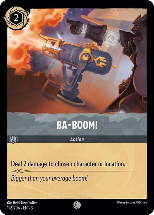 A trading card titled "Ba-Boom! (196/204) [Into the Inklands]" shows a steampunk-style cannon firing, with sparks and smoke emanating from its barrel. A character on the right is partially visible. The card, part of the Disney "Into the Inklands" series, indicates its action: costing 2 ink to deal 2 damage to a chosen character or location.