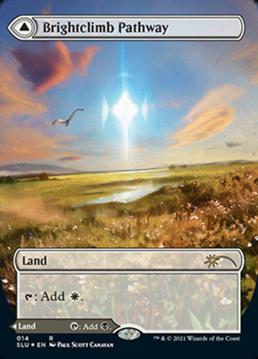 A Magic: The Gathering card named "Brightclimb Pathway // Grimclimb Pathway (Borderless) [Secret Lair: Ultimate Edition 2]." Featured in Secret Lair: Ultimate Edition 2, it showcases open fields with flowers, a small body of water, and distant mountains under a radiant sky. A bird flies above. This Rare Land card can add white mana.
