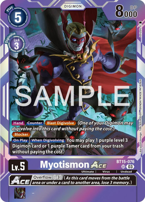 A Digimon card featuring the Super Rare Myotismon Ace [BT15-076] [Exceed Apocalypse]. The card includes details like a digivolve cost of 5, level 5, 8000 DP, attributes Hand, Counter, and Blast Digivolve. As BT15-076 in the series, it’s a purple Ultimate Virus Digimon with a vampire-like appearance, red cape, blue skin, and bats on a
