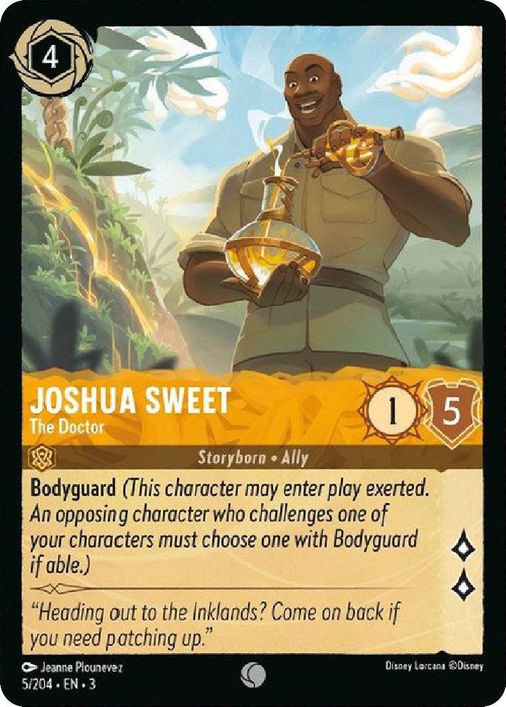 The trading card "Joshua Sweet - The Doctor" from Disney's Into the Inklands series depicts a cheerful, muscular man with a glowing jug against a scenic sky. Costing 4, it offers strength 1 and willpower 5 as both healer and bodyguard. Illustrated by Jeanne Plounevez.