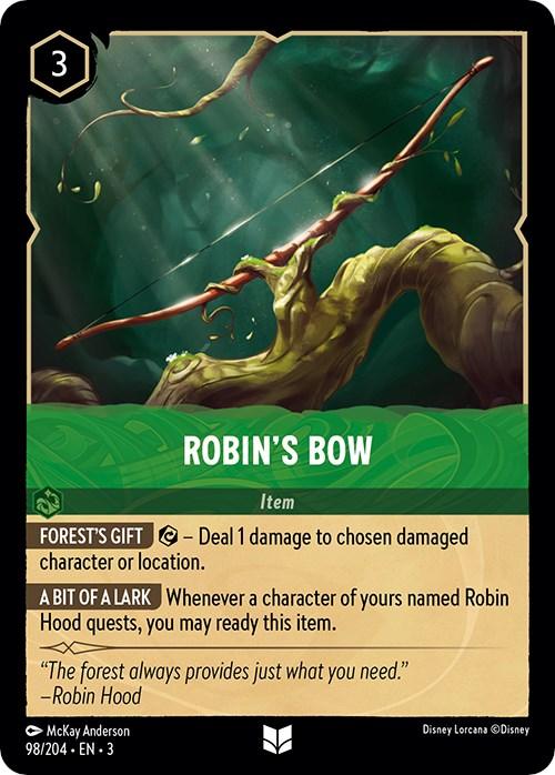 A trading card featuring "Robin's Bow (98/204) [Into the Inklands]" with a forest theme. In the illustration, a golden bow is suspended by vines in a lush, green forest. The card has 3 cost points and includes two abilities: "Forest's Gift" dealing damage to a chosen character or location, and "Into the Inklands" enhancing Robin Hood quests. This card is part of the Disney brand.