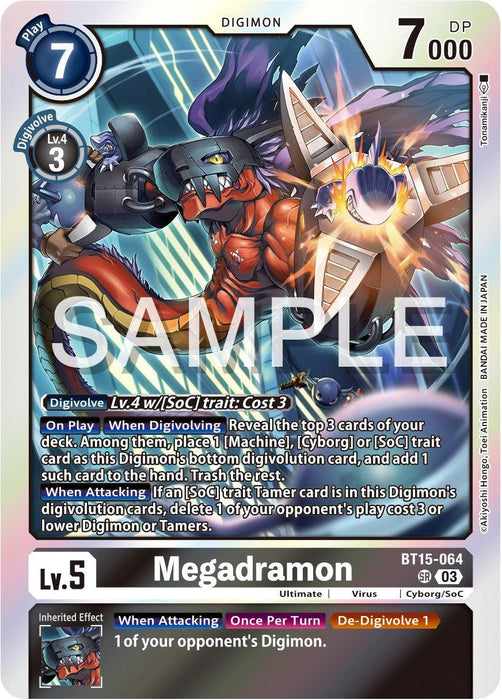 A Digimon card featuring Megadramon, a mechanical dragon with multiple gun barrels on its body. The Exceed Apocalypse-themed card shows stats: Level 5, Play Cost 7, Digivolve Cost 3, DP 7000. With abilities triggered by revealing cards and attacking, the Super Rare card is labeled "Megadramon [BT15-064] [Exceed Apocalypse]" with a "Sample" watermark.