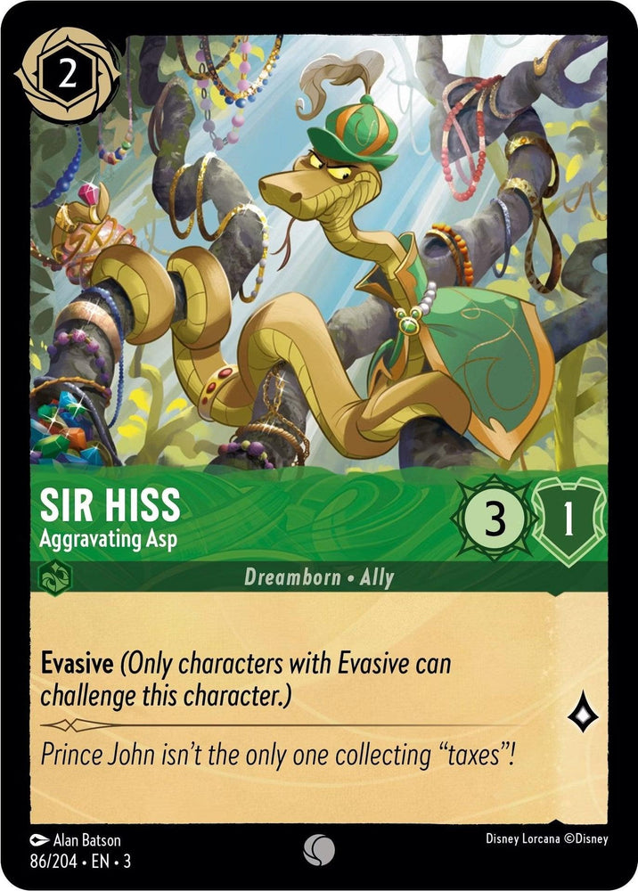 A collectible card from Disney, titled "Sir Hiss - Aggravating Asp (86/204) [Into the Inklands]," depicts an animated snake named Sir Hiss wearing a green hat with a yellow feather and a monocle. The card details include its power (3), toughness (1), and Evasive ability, along with the flavor text: "Prince John isn't the only one collecting 'taxes'!