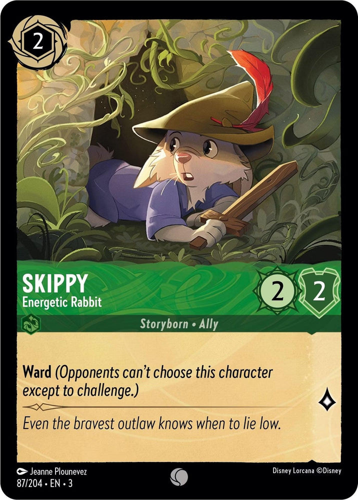 The Skippy - Energetic Rabbit (87/204) card from Disney's "Into the Inklands" features Skippy in a feathered hat with a wooden stick in an action pose, having stats: cost 2, attack 2, defense 2, ability details, and a whimsical quote.