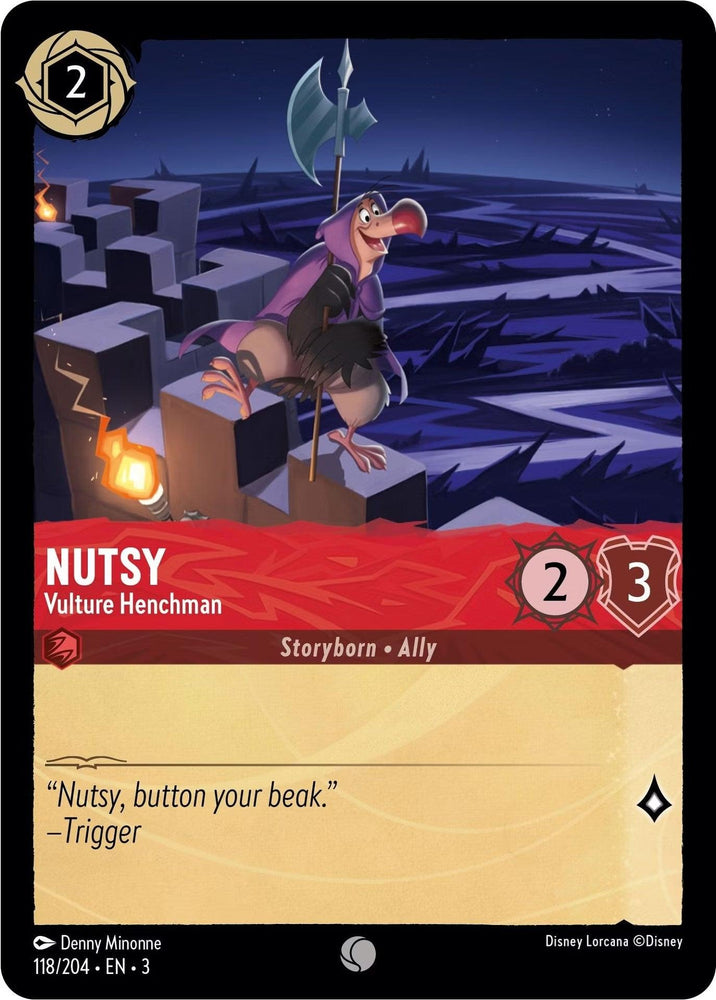 The Disney trading card "Nutsy - Vulture Henchman (118/204) [Into the Inklands]" features a vulture henchman in a purple cloak and hat on a castle wall, armed with a spear against a red backdrop. It has a 2/3 power and toughness rating, inscribed with "Nutsy, button your beak." - Trigger.