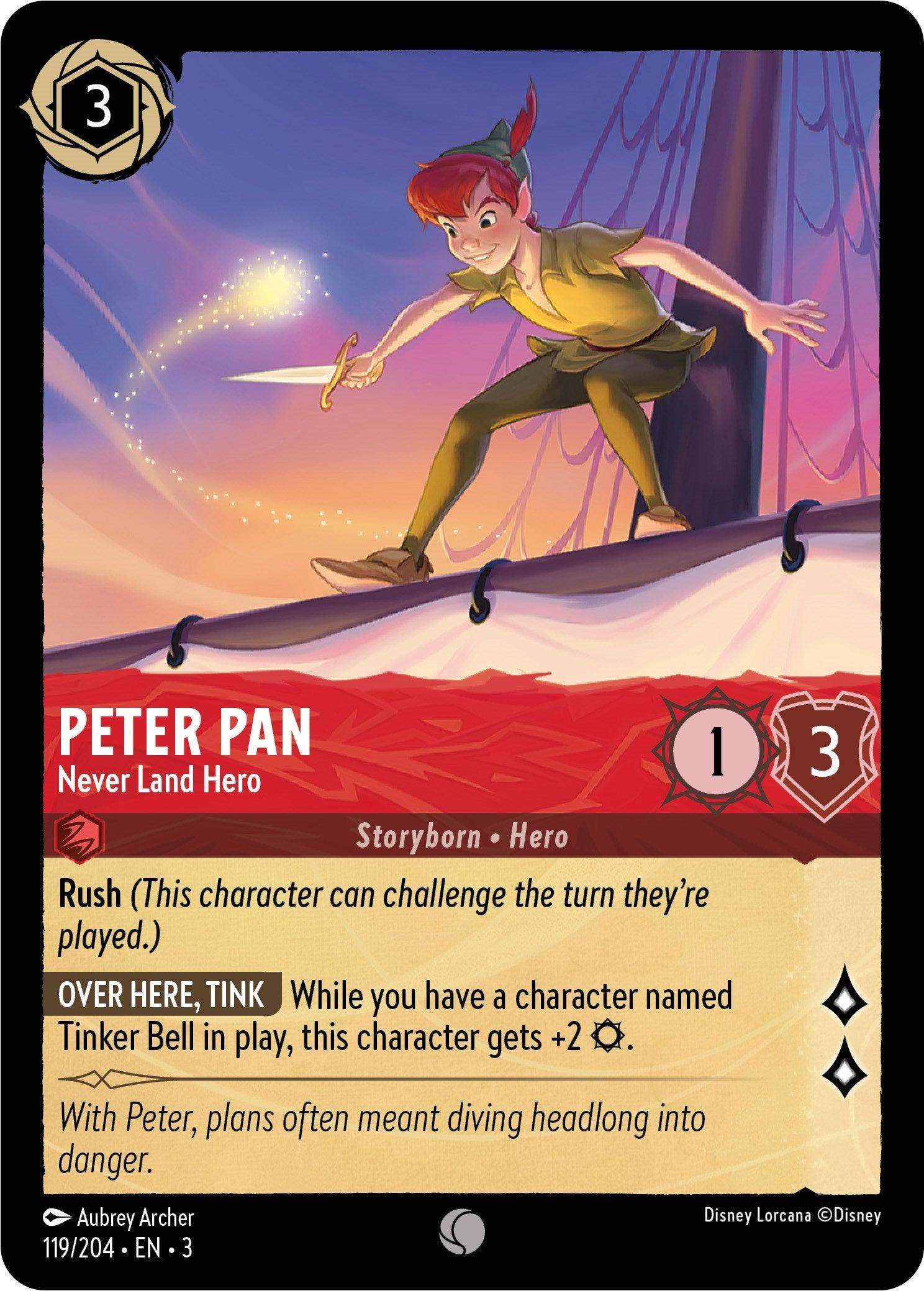 The Disney Peter Pan - Never Land Hero (119/204) [Into the Inklands] playing card depicts Peter Pan dynamically with a dagger against a colorful sky. Text highlights his gameplay abilities, capturing his adventurous spirit beautifully.