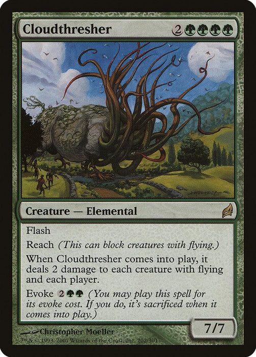 A Magic: The Gathering card named "Cloudthresher [Lorwyn]" requires 2 generic and 4 green mana to cast. This mighty Elemental has a power and toughness of 7/7. As a Creature, it features Flash, Reach, and deals 2 damage to each flying creature and player when it enters the battlefield.