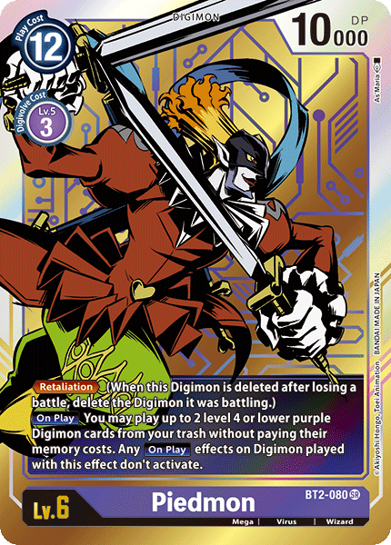 This exclusive Digimon Super Rare card, Piedmon [BT2-080] (Alternate Art) from the Release Special Booster Ver.1.0, features the Retaliation Digimon cloaked in ominous jester attire and armed with dual knives. This purple card has a Play Cost of 12, a Digivolve cost of 3 from level 5, and an impressive 10,000 DP. The abilities include Retaliation and summoning skills that make it a formidable asset in any deck.