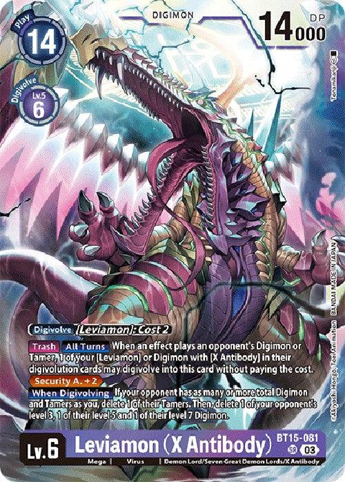 An image of a Digimon card from the game "Digimon Card Game". The Super Rare card, titled “Leviamon (X Antibody) [BT15-081] [Exceed Apocalypse],” showcases a level 6 creature with 14,000 DP. The artwork features a menacing, serpent-like creature with multiple heads and sharp claws, surrounded by vibrant colors and detailed textures.