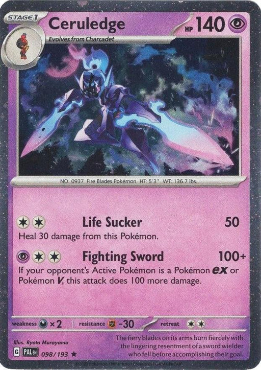 A Ceruledge (098/193) (Cosmos Holo) [Scarlet & Violet: Paldea Evolved] Pokémon card from the Scarlet & Violet series with 140 HP evolves from Charcadet. It has two attacks: "Life Sucker" (50 damage and heals 30 damage) and "Fighting Sword" (100+ damage, does 100 more to Pokémon EX or V). Numbered 098/193, its background features a dark, mystical forest in Paldea.