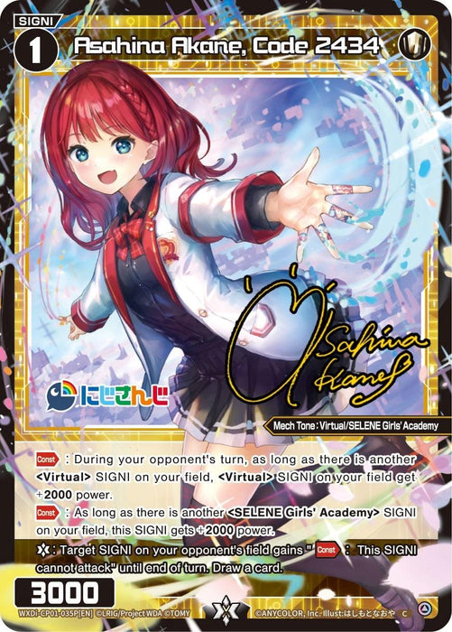 A trading card featuring Asahina Akane, Code 2434, a Nijisanji Diva with red hair, headphones, and a striking white, black, and red outfit. She points forward with her right hand against a backdrop of spiral graphics. The lower half showcases various game statistics and descriptions in this exclusive Asahina Akane, Code 2434 (Parallel Foil) (WXDi-CP01-035P[EN]) [Collab Booster: Nijisanji Diva] by TOMY.