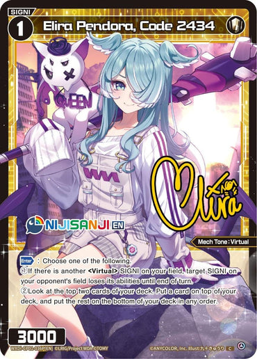 A trading card features an illustrated character with long teal hair, fox ears, and multiple tails, dressed in a hooded outfit. Against a cityscape with floating cubes, the card showcases Elira Pendora's text and stats: Elira Pendora, 3000 power. The NIJISANJI EN logo marks this exclusive TOMY product: Elira Pendora, Code 2434 (Parallel Foil) (WXDi-CP01-036P[EN]) [Collab Booster: Nijisanji Diva].